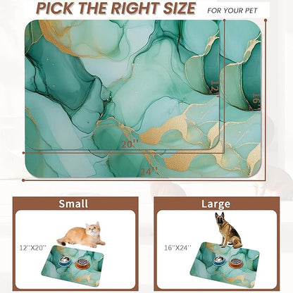 Marble Dog Food Mat for Floors,Green Gold Flowing Marble Absorbent Quick-Dry Pet Feeding Mat,Cat Dog Bowl Mats for Food and Water,Non-Slip Pet Accessories Supplies 12"x20"