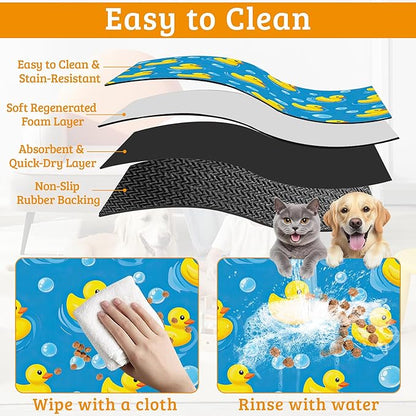 Yellow Rubber Ducks Dog Food Mat,Soap Bubbles Absorbent Pet Feeding Mat for Food and Water Bowl,Quick Dry Dog Placemat Non Slip Rubber Backing Waterproof Pet Supplies 12" x 20"