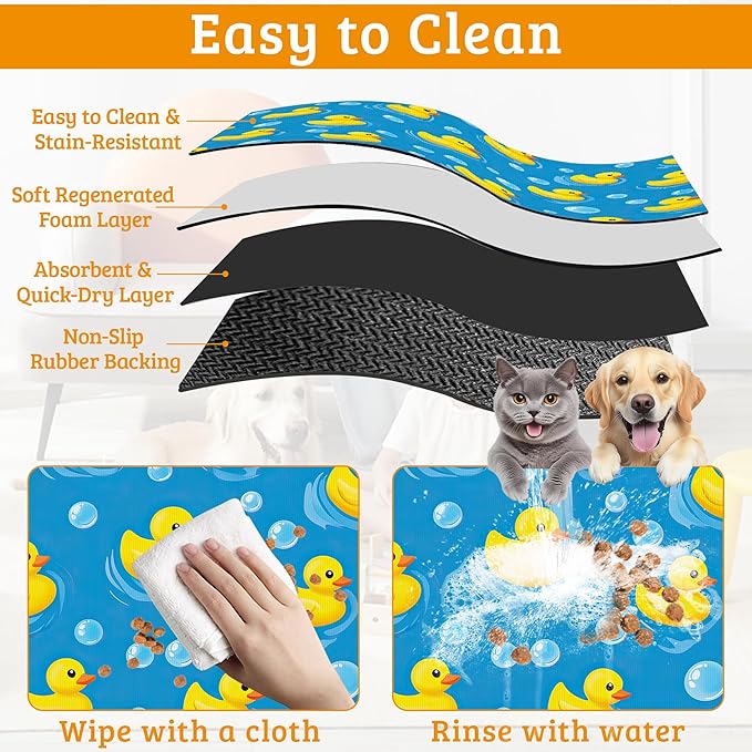 Yellow Rubber Ducks Dog Food Mat,Soap Bubbles Absorbent Pet Feeding Mat for Food and Water Bowl,Quick Dry Dog Placemat Non Slip Rubber Backing Waterproof Pet Supplies 16" x 24"