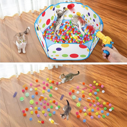 Palksky Interactive Cat Toys with Cat Ball Pit, Toy Balls, Ball Launcher, Spring Toys for Bored Indoor Cats Self Play, Enrichment Toy for Fun and Exercise