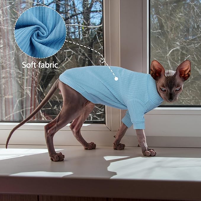 PUMYPOREITY Stretchy Cat Shirt & Sweater with Sleeves - Soft Cat Clothes for Sphynx, Devon Rex & More - Blue, XL