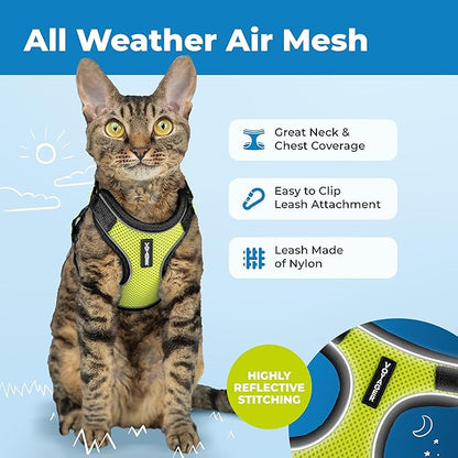 Voyager Escape-Proof Step-in Lock Cat Harness & 5ft Neoprene-Handle Leash Set All-Weather Mesh with Reflective Stitching for Small to Large Cats by Best Pet Supplies, Black Trim-Lime (327), XS