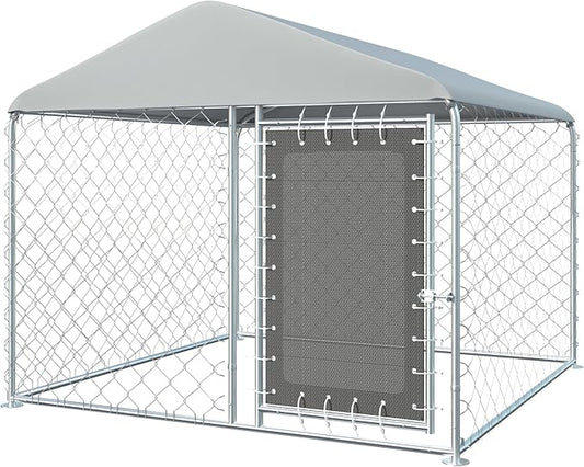 6FT x 6FT Outdoor Dog Kennel with Roof, Outside Dog Run Fence, Large Dog House Pen Enclosure with Secure Lock&Textilene Door