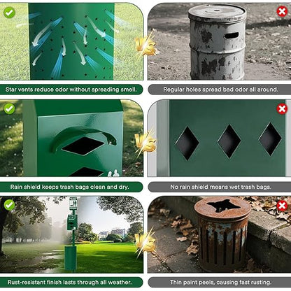 Dog Poop Trash Can Outside for HOA Communities, Durable Rust Proof Aluminum Dog Waste Station – 10 Gallon Outdoor Trash Can with Lid & Reflective Sign for Yard, Dog Park