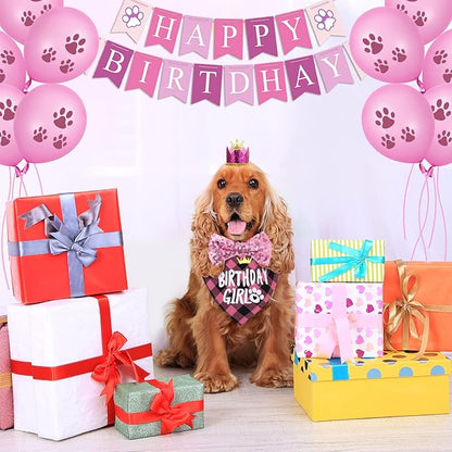 Dog Birthday Party Supplies, Dog Birthday Hat Bandana Scarf with Cute Bow Tie, Flag, Balloons for Small Medium Dogs Pets, Doggie Party Supplies Decorations