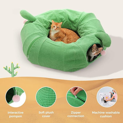 PEQULTI Cat Tunnel with Bed for Indoor Cats, Cat Play Donut Tunnel with Washable Soft Plush Flower Mat, Round Tube Toys Cute Tube for Kittens, Puppies, Rabbits and Ferrets, Green&Pink