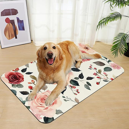 Pink Flower Leaf Pet Feeding Mat–Christmas Stocking Quick Dry Absorbent Dog Cat Food Mat, Non Slip Waterproof Bowl Placemat for Messy Eaters, Pet Accessories for Floors 12"x20"