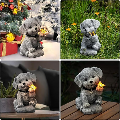 Solar Dog Garden Statue with Lantern Light – 8.2in Outdoor Dog Figurine for Women, Mom, Grandma,Garden Gifts，Home Decoration with Butterfly