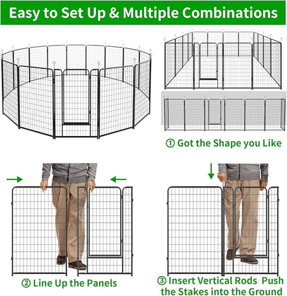 Dog Playpen Outdoor Extra Wide 16 Piece Panels Heavy Duty Dog Fence 50" Height Anti-Rust with Doors Portable for RV Camping Yard, Total 42FT, 140 Sq.ft, Snowy Black