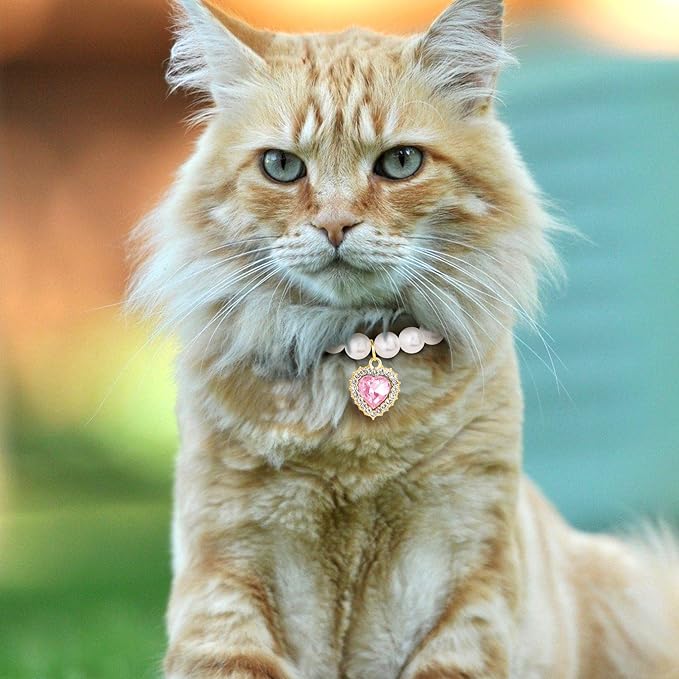 2pcs Pearl Collar for Cat Puppy, Small Cute Heart Shape Rhinestone Pet Necklace, Adjustable Wedding Party Pet Jewelry Accessories for Puppy Kitten- Green & Pink
