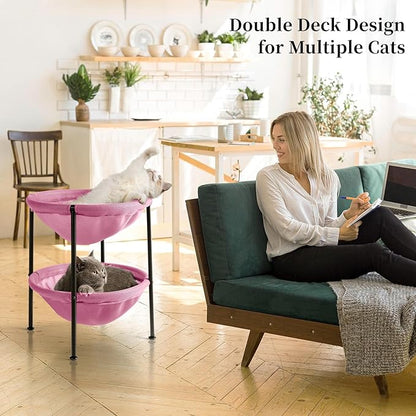 Double Cat Bed Pink, Breathable Pet Bed for 2 Cats with 4 Adjustable Feet & Anti-Slip Mats, Easy Assembly Cat Hammock for Multi-cat Household, Indoors & Outdoors, 22.8 in x18.7 in x 18.7 in