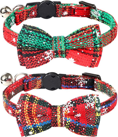 Joytale 2 Pack Christmas Cat Collar with Bells, Breakaway Cat Collars with Bow Tie, Girl Boy Safety Plaid Kitten Collars, Christmas Red+Green