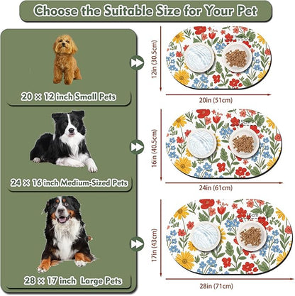 Pet Feeding Mat – 20''x12'' Absorbent Dog Food Mat, Pet Water Mats Protect Floor, No Stains Quick Dry Water Bowl Mats, Non-Slip Rubber Base Pets Placemats for Food and Water, White Floral