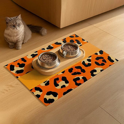 Puppy Feeding Mat 20x12 inch Orange Leopard Print Dog Bowl Placemat Non Slip Mat for Pet Food and Water Small Dog Food Area Indoor Puppy Feeding Station Pet Meal Mats for Kitchen