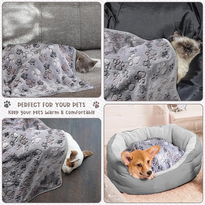 Tegeme 8 Pcs Fleece Dog Blankets for Small Dogs Cat Soft Coral Velvet Warm Sleep Mat Fluffy Dog Paw Print Blanket for Kitten Doggy Small Animal(30 x 20 Inch,Gray)