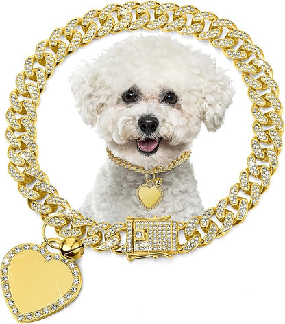 Hillban Dog Chain Gold-Plated Diamond Collar with Heart Rhinestones Jewelry Pet ID Tag Chain Bling Puppy Collar with Personalized Name Tag for Small Medium Large Dog Cat(Gold,8 Inch)