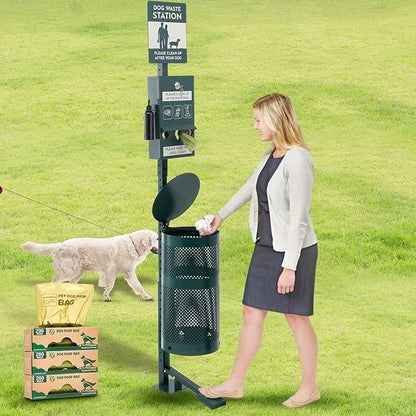 Qinyoung Pet Waste Station, Includes 600 Roll Bags, Dog Waste Station with Foot Pedal, Dog Poop Sign, Bag Dispenser, Hand Sanitizer Bottle and Covered Outdoor Trash Can for Parks, Trails Outdoor
