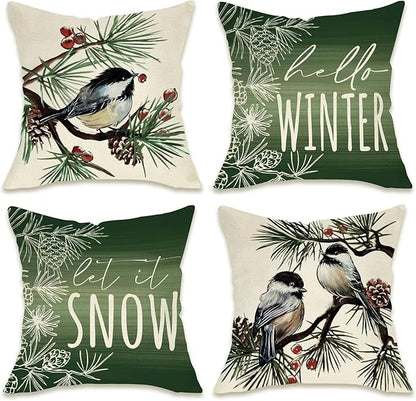 Fahrendom Hello Winter Green Decorative Throw Pillow Covers 20 x 20 Set of 4, Chickadee Pine Needle Branch Porch Patio Outdoor Pillowcase, Christmas Pine Cone Red Berry Sofa Cushion Case Home Decor