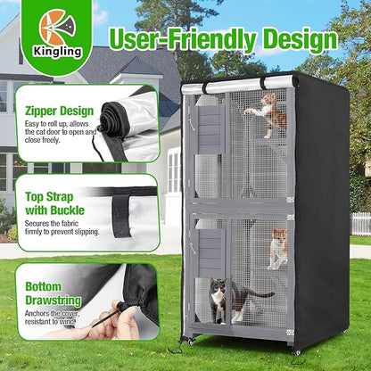 Kingling Outdoor Cat House Cover for 4 Tier Catio Outdoor Cat Enclosure With Wheels, Universal Catio Cover Waterproof & Dustproof Pet Enclosure Cover for Outsides(Cover Only)- 25"L x 25"W x 62"H inch