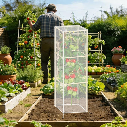 Klmnop 3 Pcs Tomato Cage Cover, Bird Netting for Square Tomato Cage, 15.7" x 15.7" x 49" Plant Cover with Zipper & Drawstring, Garden Bird Barrier Protection for Tomato Plants(Cover Only, White)