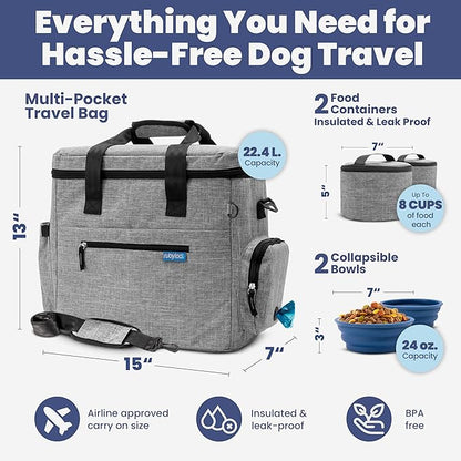 The Original Doggy Bag™ - Complete Dog Travel Bag for Supplies with 2 BPA-Free Travel Dog Bowls & 2 Pet Food Containers - Traveling Kit for Road Trips, Camping, Weekend Away or Doggy Gift: Grey