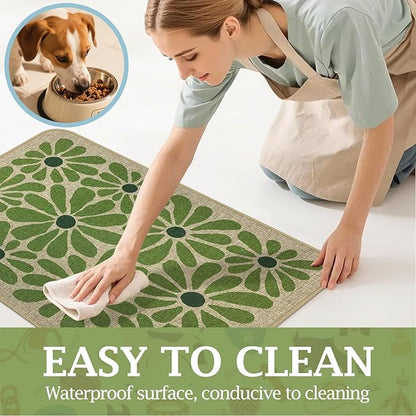 SHIYUE Dog Food Mats for Floors, Absorbent Cat Bowl for Food and Water, Non-Slip Accessories Pet Supplies(16"x24",Green Flower)