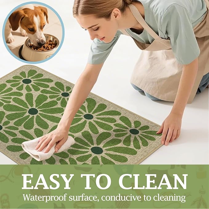 SHIYUE Dog Food Mats for Floors, Absorbent Cat Bowl for Food and Water, Non-Slip Accessories Pet Supplies(17"x30",Green Flower)