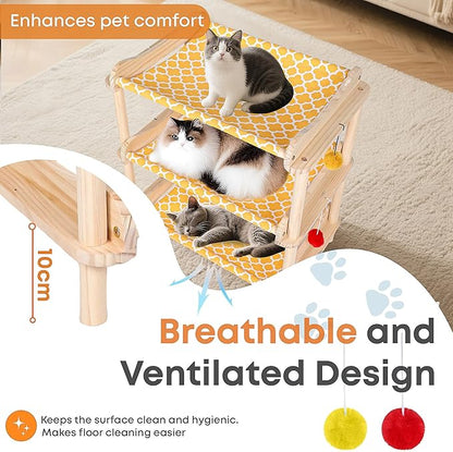 Large 3-Layer Cat Hammock Bed, 24"x15.7"x26.8" Elevated Cat Bed with Pine Wood Frame, Breathable Washable Covers, Wooden Pet Furniture for Indoor Cats and Small Animals (Orange, 3-Tier)