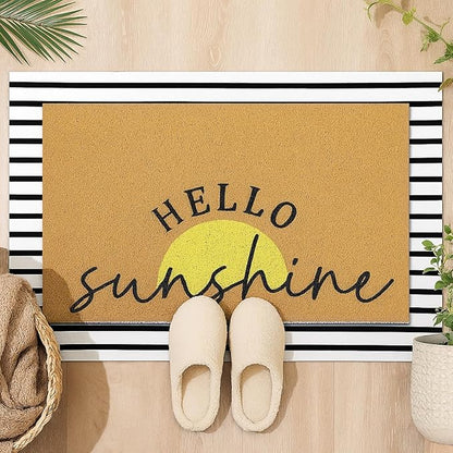 Tinideya 2 Pcs Summer Sunshine Door Mat Yellow Welcome Non Slip Coir Mats Stripe Floor Layering Doormats Seasonal for Front Porch Entryway Decor(Sunshine)