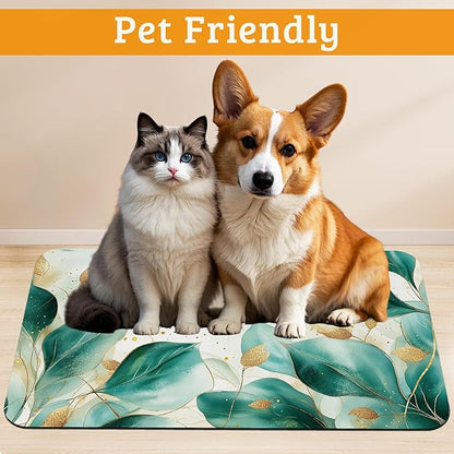 Green Plam Dog Cat Food Mat,Tropical Leaves Absorbent Waterproof Placemat for Food and Water Non Slip Rubber Backing Durable Feeding Pad for Clean Floors 16" x 24"