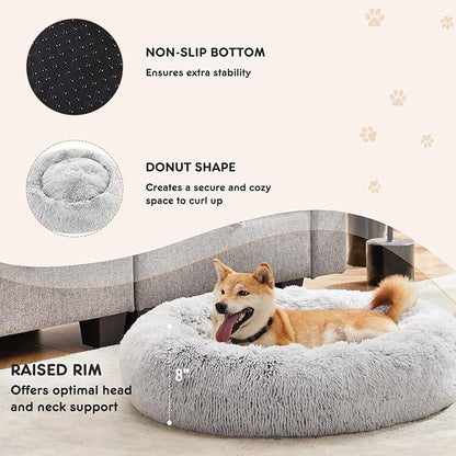 Sweetcrispy Donut Dog Bed, XL Large Round Calming Cat Bed with Washable Waterproof Cushion, Anti-Anxiety & Anti-Slip Fluffy Cuddle Cozy Faux Fur Plush for Pet Puppy Indoor Sleeping (37.4"x37.4", Gery)
