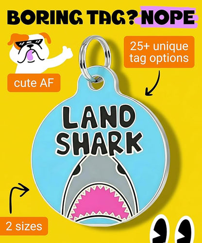 Bad Tags Personalized Dog and Cat ID Tags in 25+ Designs and 2 Sizes - 5 Lines of Custom Engraved Text - Funny Cute Personalized Pet Tags (Land Shark, Small (1 inch))