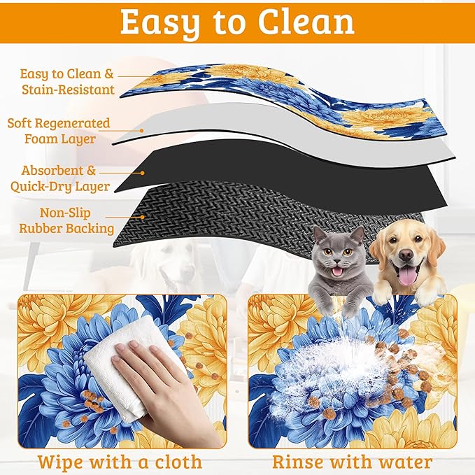 Blue Yellow Flowers Dog Food Mat,Absorbent Pet Feeding Mat for Food and Water Bowl,Quick Dry Dog Placemat Non Slip Rubber Backing Waterproof Pet Supplies 16" x 24"