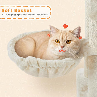 Yaheetech Cat Tree, 82.5in Large Tower w/Hammock, 2 Kitty-Ear Perches, 2 Cozy Condos, Scratching Posts, Basket, Furniture for Large Cats, Kittens, Beige