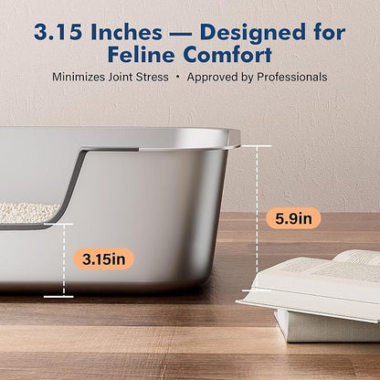 Stainless Steel Cat Litter Box with Low Entry, Metal Kitty Litter Box for Senior or Injured Cats, Odor-Free, Non-Stick, Easy to Clean, 19.5"x13.6"x5.9", Litter Pan for Big and Small Cats