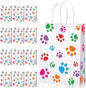 Blulu 20 Pcs Puppy Dog Paw Gift Bags with Paper Twist Handles, Dog Gift Paper Paw Treat Goodie Bags for PET Treat Party Favor, 6.3 x 3.1 x 8.6 Inch(White Backing, Colorful Paws)