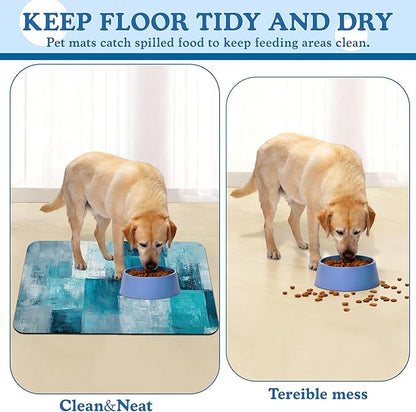 Blue Teal Dog Cat Food Mat–Christmas Stocking Absorbent Waterproof Placemat for Food and Water Bowls, Non Slip Rubber Backing, Feeding Mat for Clean Floors 16"x24"