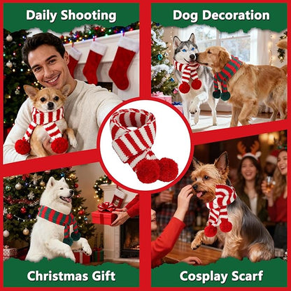 BWOGUE 2-Piece Knitted Dog Christmas Scarf & Bandana with Red and Green Pom Poms for Medium/Large Dogs - Winter Warm Holiday Pet Costume Accessory (Red, Green)