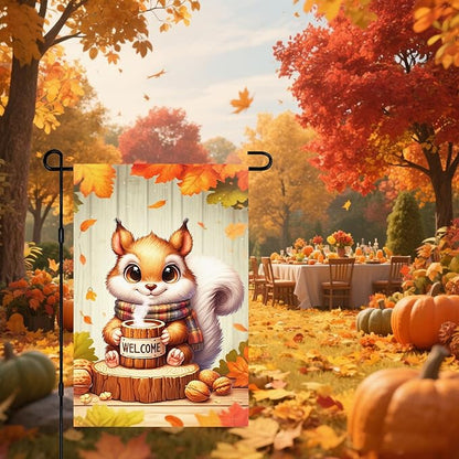 Fall Everyday Garden Flag 12x18 Inch Cute Red Squirrel with Hot Cocoa and Welcome Sign, Yard Flag Double Sided for Outdoor Fall Porch