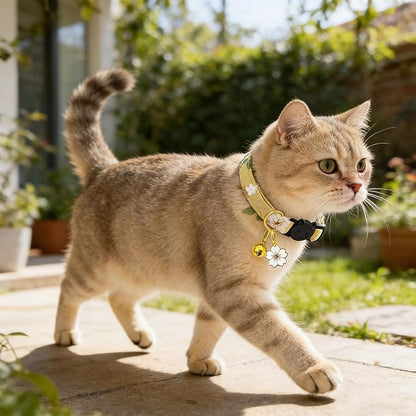 2 Pack Cotton Breakaway Cat Collars Set with Bell and Flower Pendant, Cute Floral Fruit Patterned, Adjustable 7.5-11Inch, Include A Mouse Toy Gift (Yellow+Navy Flower)