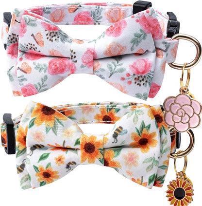2 Pack Cotton Cat Collar with Bow Tie and Bell for Girl Boy Cats,Cute Pink Flamingo and Blue Whale Pattern Spring Summer Breakaway Cat Collar for Male Female Cats (Flower&Sunflower)