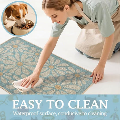 SHIYUE Dog Food Mats for Floors, Absorbent Cat Bowl for Food and Water, Non-Slip Accessories Pet Supplies(16"x24",Sky Blue Flower)