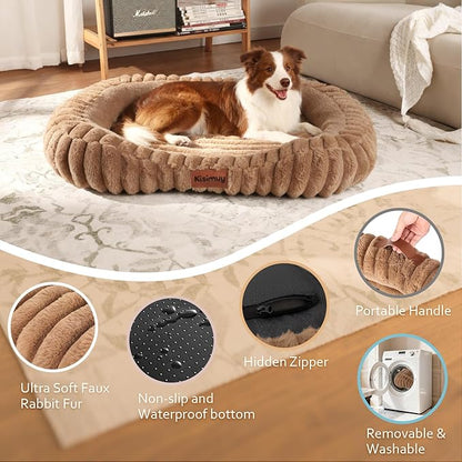 Cute Dog Bed for Medium Size Dog, Calming Medium Dog Cat Bed with Anti-Slip Bottom, Washable Soft Faux Fur Pet Bed, Rectangle Puppy Bed with Handle for Indoor Pets, 30" x 24" x 5", Brown