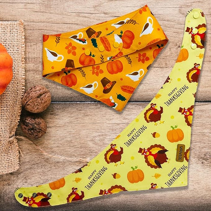 Thanksgiving Dog Bandanas with Snap Button, 2 Pack Adjustable Fall Bandanas for Small, Medium, and Large Dogs, Pumpkin Pet Scarf for Autumn Costume Accessory & Photo Shoot (Large)