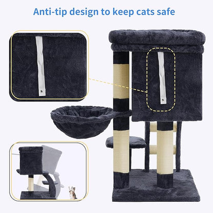 Heybly Cat Tree Tower, Cat condo for Indoor Kittens, Cat House with Wide Plush Top Perch, Ladder, Basket, Sisal-Covered Scratching Posts, Cozy Activity Center for pet, Smoky Gray HCT009SG
