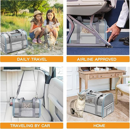 Soft-Sided Cat Carrier for Pets Up to 15lbs, Airline Approved Under-Seat Travel Carrier, 17x12x11 Inch, TSA Approved with Collapsible Bowl, Breathable Mesh & Removable Pad, Lightgrey