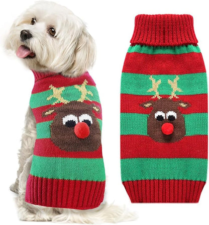Dog Cat Christmas Sweater Boy Girl Ugly Reindeer Xmas Pet Clothes Holiday Puppy Costume New Year Gifts for Small Medium Large Dogs Outfits (S, Red Green Stripe Reindeer)