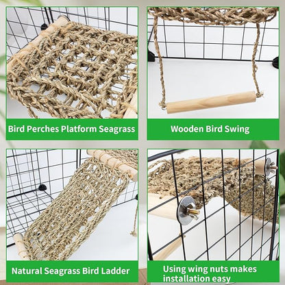 FlidRunest Bird Perch Platform Swing with Climbing Ladder, Parrot Chewable Natural Seagrass Woven Hammock, Parakeet Cage Accessories Playing Gyms Exercise Sturdy for Cockatiels, Lovebirds, Budgies