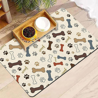 Dog Feeding Mat 20 x 12 Inch, Neutral Paw Bone Woof Dog Placemat Absorbent Quick-Dry for Food and Water, Waterproof Non Slip Rubber Pet Bowl Pad Mat for Floors