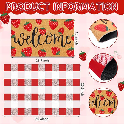 Tinideya 2 Pcs Strawberry Door Mat Fruit Pattern Design Welcome Non Slip Coir Mats Red and White Plaid Floor Layering Doormats Seasonal for Front Porch Entryway Decor(Strawberry)